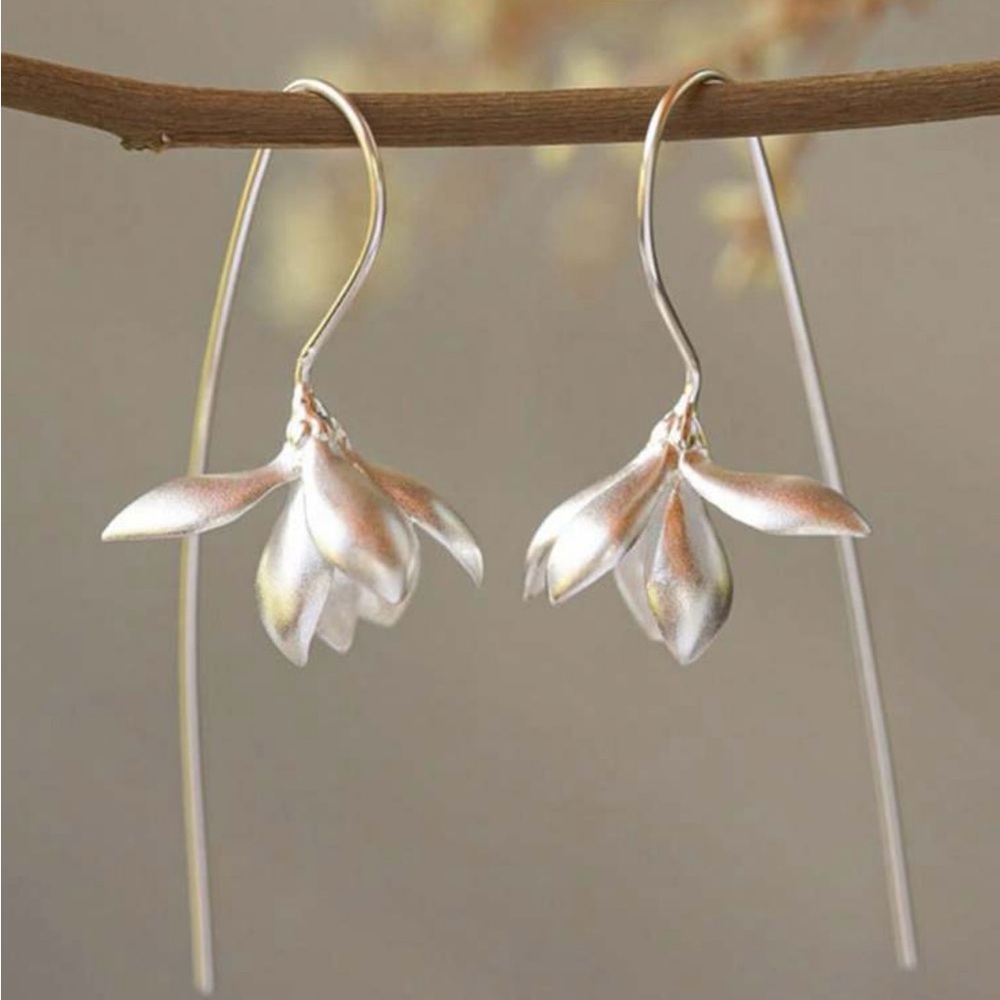 “Blodeuwedd” Orchid Flower Sculpted Feminine Silver Ear Pin Hook Threader Dangle - Picture 1 of 16